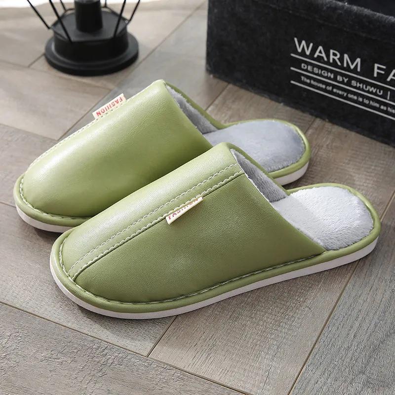 Women Winter Slippers Leather Waterproof Thick Warm Slipper Home Indoor Non Slip Mens Slides Plus Size