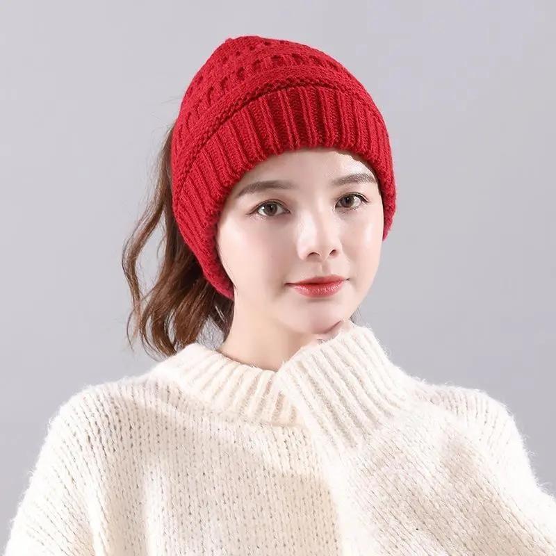 Women's Autumn and Winter Hats All Match Ponytail Hats Cute Warm Caps Empty Top Woolen Knitted Hat Outdoor Sports Baseball Hats No Top Knitting Hat