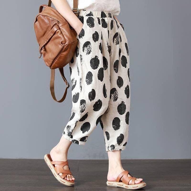 Women's Large Size Haren Pants Thin Breathable Retro Cropped Pants Loose Cotton Printed Summer Casual Women's Pants