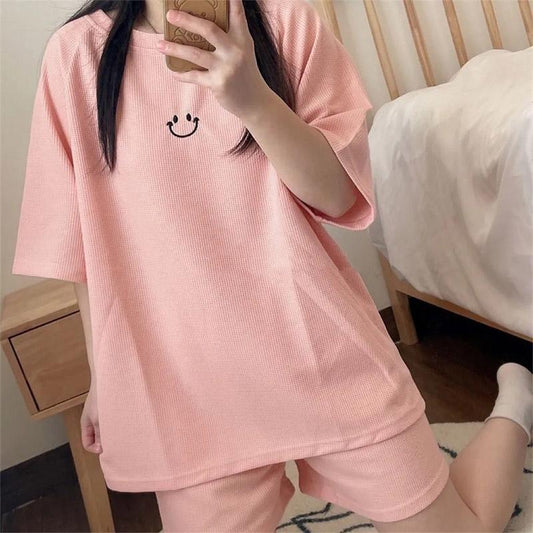 2PCS Waffle Sports Suit Women's Summer Thin Short-sleeved Shorts Two-piece Suit Loose and Thin Cute Smiley Home Clothes Casual Comfortable Clothes Set