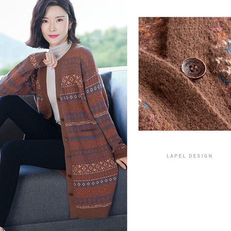 Autumn and Winter Mid-length Wool Top Loose Mid-length Thick Sweater Retro Jacquard Middle-aged Ladies Coat