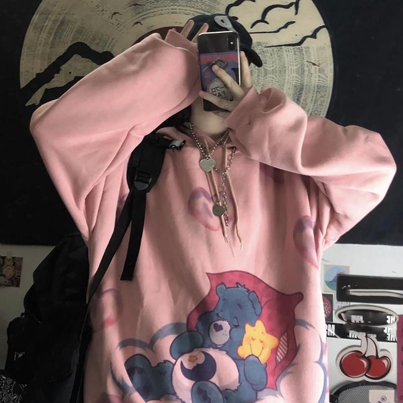 Hooded Sweatshirts Cartoon Printed Oversized Loose Harajuku Hoodies Women Winter Fleece Clothes Streetwear Hip Hop Pullover Tops Plus Size Sportshirts