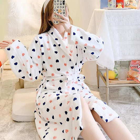 Nightgown Women's Winter Long Sleeves Bathrobe Coral Fleece Pajamas Dress Cute Cartoon Pocket Plus Velvet Thick Bathrobe with Belt