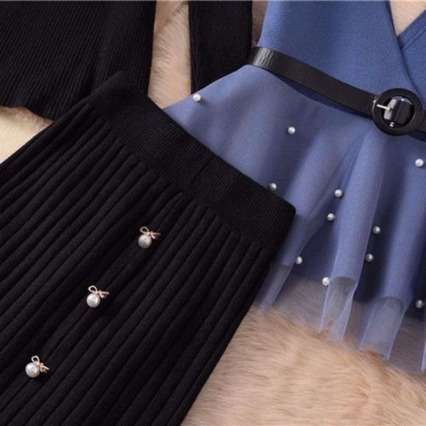 Autumn and Winter Sweater Suit Women's Waistcoat Knitted Sweater Top and High Waist Bag Hip Bodycon Skirt Three-piece Set Office Ladies Outfits