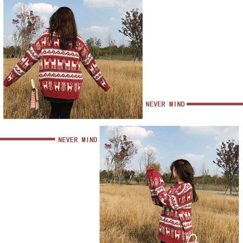 Pofulove Autumn Winter Retro Lazy Loose Vintage Mid-length Women Pullover Thickened Christmas Red Sweater