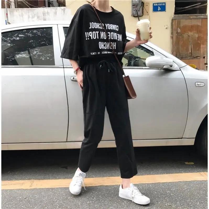 2PCS Summer Student Loose Letter Short Sleeve T-Shirt + Straight Ninth Pants Ladies Casual Sports Two-piece Suit Jogging Suits for Girl