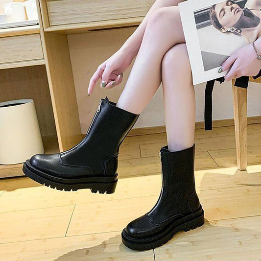 Martin Boots Women's British Style Spring and Autumn Retro Short Single Boots Thick Soles Long Legs Zipper Boots