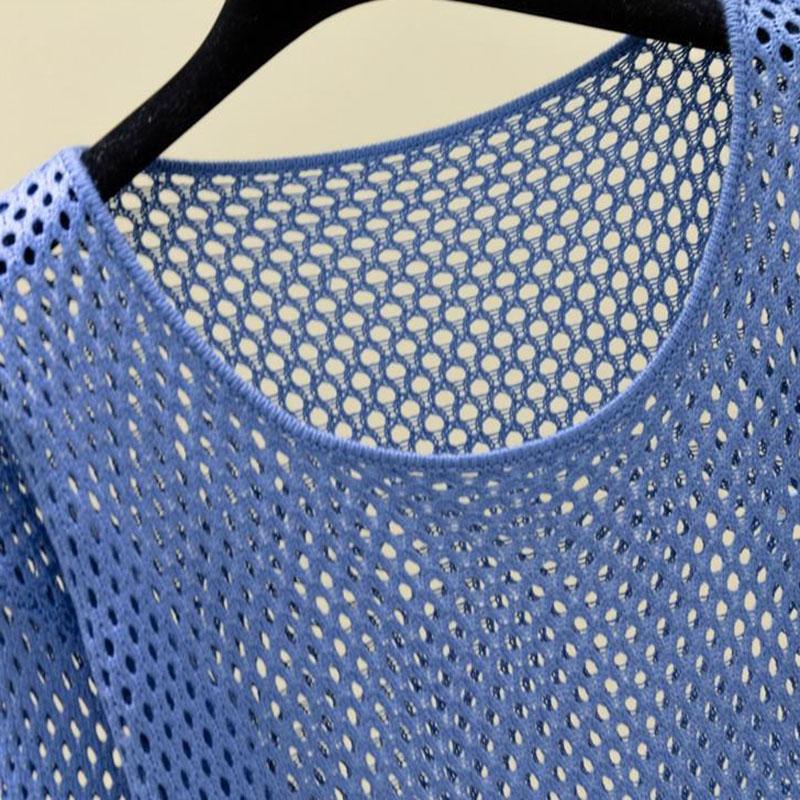 Summer Ice Silk Knitted Sunscreen Blouse Trumpet Net Shirt Top Hole Thin Women's Loose Hollow See-through Fabric Light and Breathable