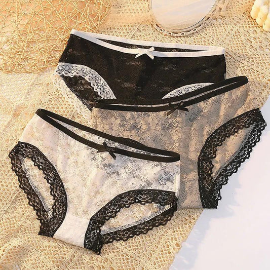 3Pcs/Set Girl's All-match Mid Waist Seamless Cotton Underpants Women's Solid Color Large Size Causal Lace Briefs