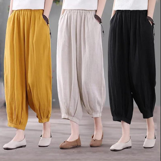 WTEMPO Plus Size Retro Cropped Trousers Loose Casual All-match Harem Pants Thin Cotton and Linen Women's Pants Bloomers