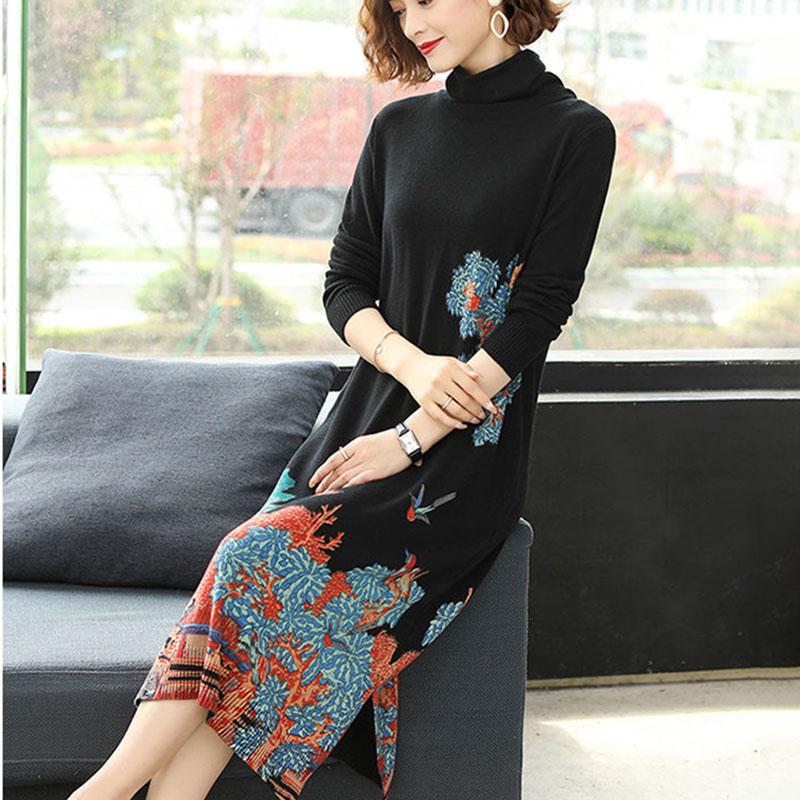 Ethnic Style Women's Printed Knit Dress Turtleneck Woollen Sweater Plus Size A-line Long Sweater Dress Loose  Bottoming Sweater