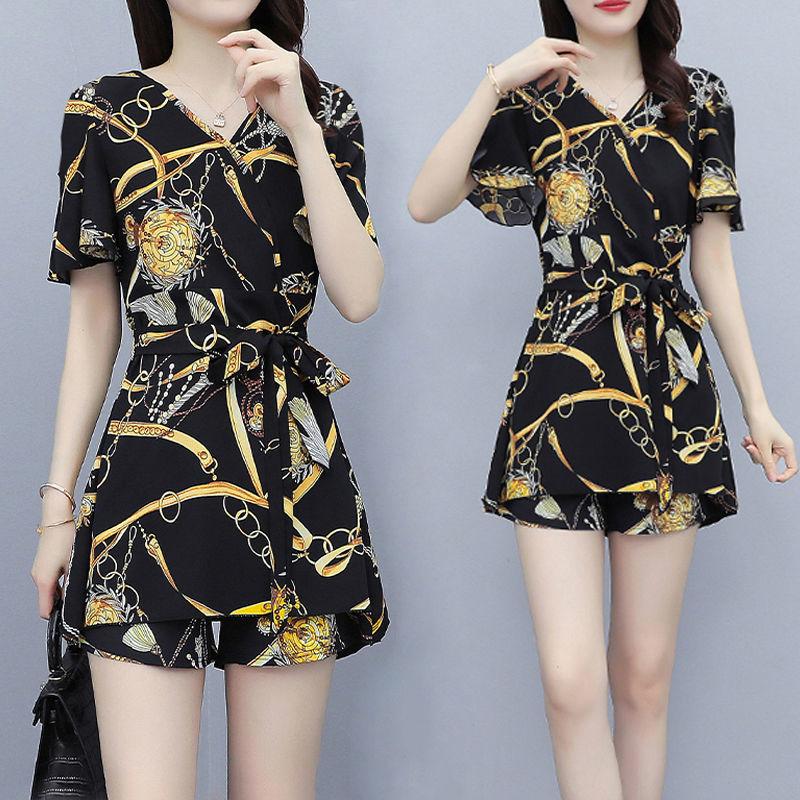 Ladies Suit Two-piece Shorts + Long Loose Shirt Covering Belly and Thin Chiffon Fabric Light and Breathable Loose Casual Suit