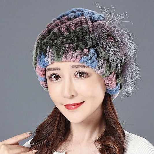 Women's Rex Rabbit Fur Hat Mother's Ear Caps Keep Warm Winter Plush Knitted Woolen Fur Hat High Quality Floral Knitting Hat Windproof Hat