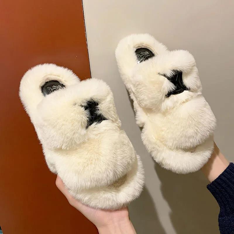 Ladies Cotton Slippers Plush Slippers Fall Winter Fashion Outer Wear All-match Flat Flat Shoes