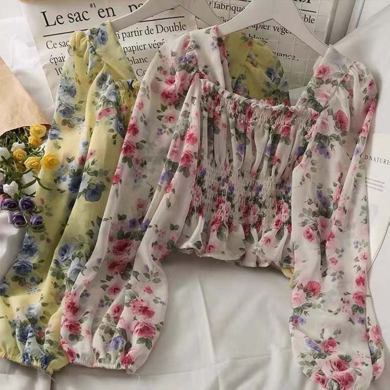 Floral Chiffon Shirt French Sweet Flower Print Bubble Lantern Sleeves Off the Shoulder Top Slim Blouses Sexy Pullover Womens Tops Summer Blouse