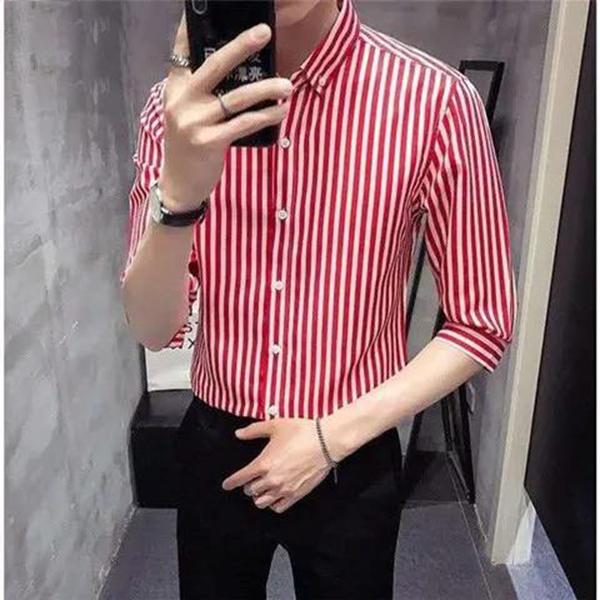 Men's Spring and Summer Striped Long-sleeved Shirt Black and White Plaid Shirt Casual Trend Bottoming Shirt