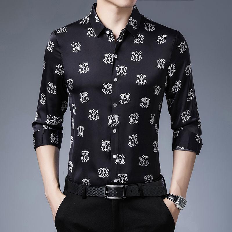 High-end Printed Mulberry Silk Men's Shirt Loose Business Casual Long-sleeved Handsome Shirt