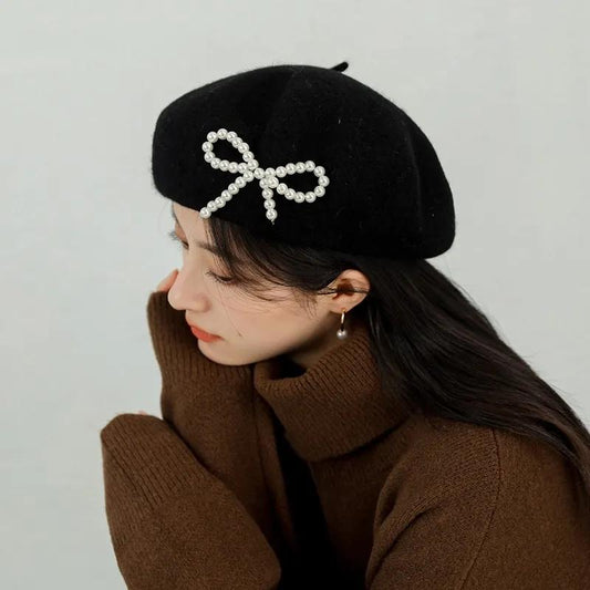 Retro Pearl Bow Beret Hat Women's Spring Autumn Retro Wool Blend Painter Hat All-match Elegant Black Hat