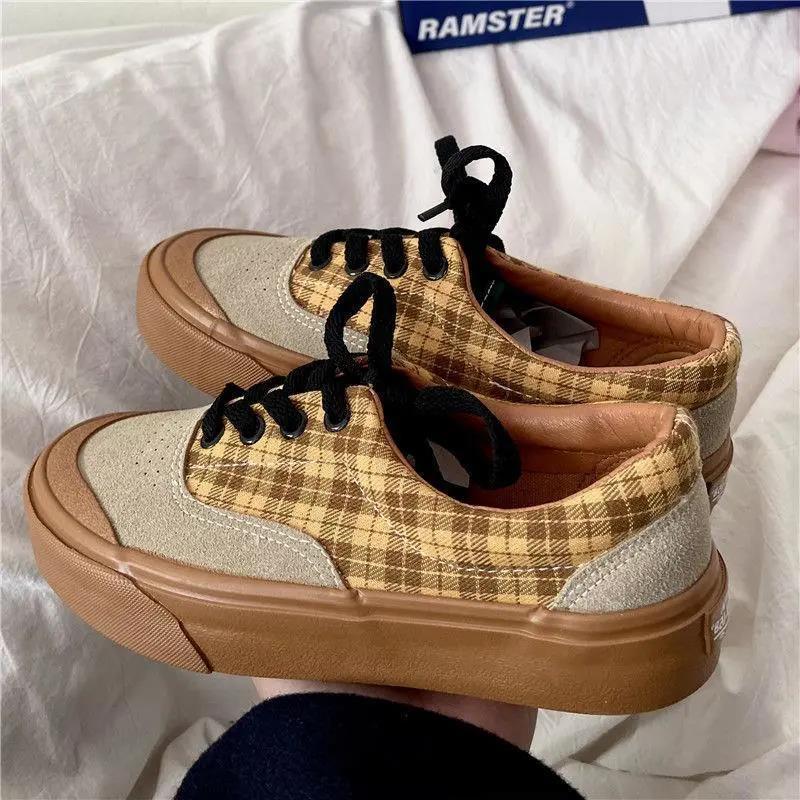 Student Canvas Shoes Women's Wild Stitching Niche Design Sense Women's Shoes Flat Bottom Shoes Women's Lattice Pattern