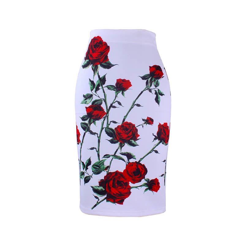 Female Vintage Floral Print Holiday Skirt High-waist Bag Hip Slim Knee-length Elegant Casual Skirt