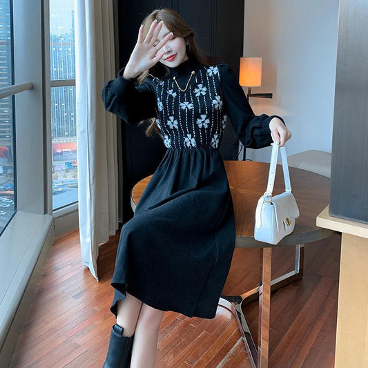 Sweater Autumn and Winter Knitted Stitching Thick Corduroy Dress Long Sleeves High Waist Slim Sweater Dress