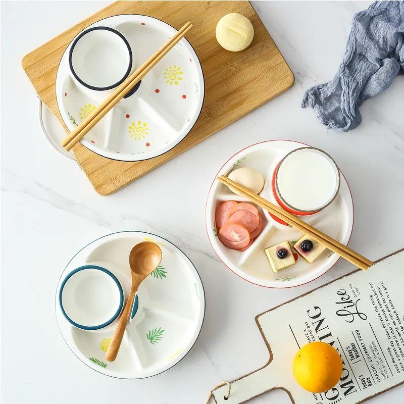 Japanese-style Tableware Creative Ceramic Divider Dish Three-grid Rice Plate Children's Dinner Plate Dim Sum Breakfast Plate Household Dish