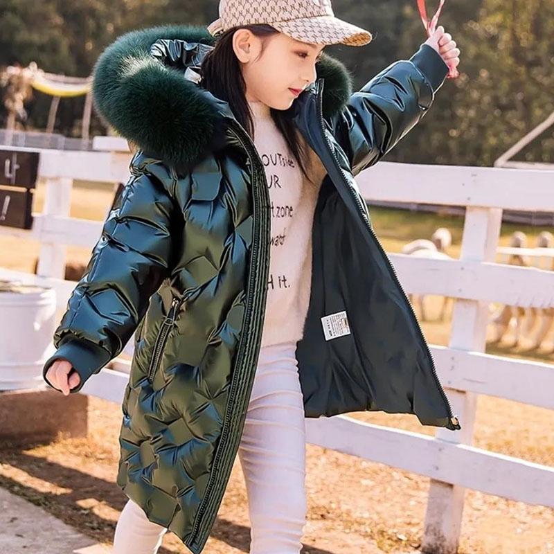 Children's Warm Down Padded Jacket Girls Mid-length Thick Children's Clothing Bright Leather and Wash-free Winter Coat