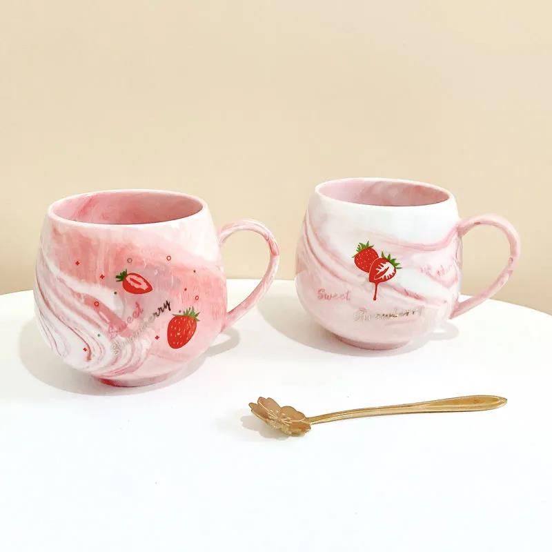 Creative Cartoon Ceramic Cup Female Student Dormitory Water Cup Cute Strawberry Mug Home Milk Breakfast Cup Spoon