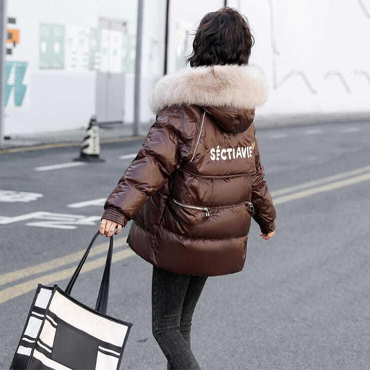 Women's Glossy Loose Down Jacket Mid-length Korean Thick Coat Warm Cotton Coat with Big Fur Collar Winter Quilted Jacket