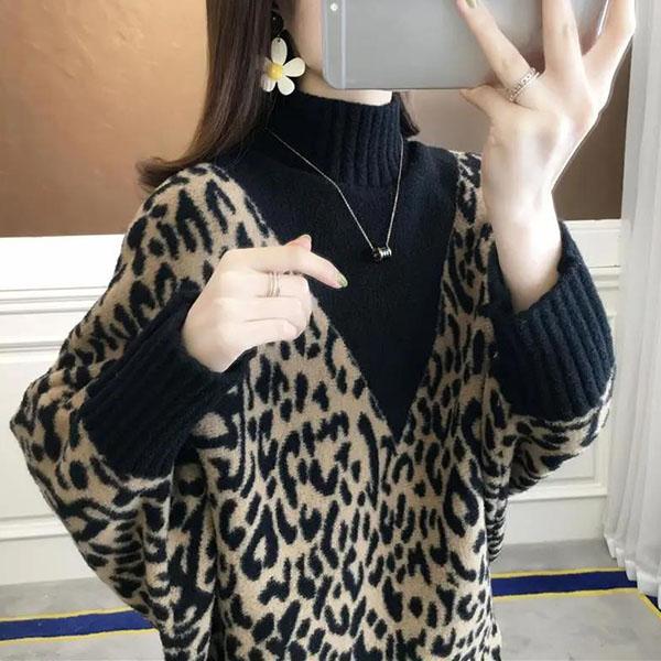 Women's Autumn High Neck Leopard Print Sweater Winter Large Size Loose Pullover Long Batwing Sleeve Knitted Top