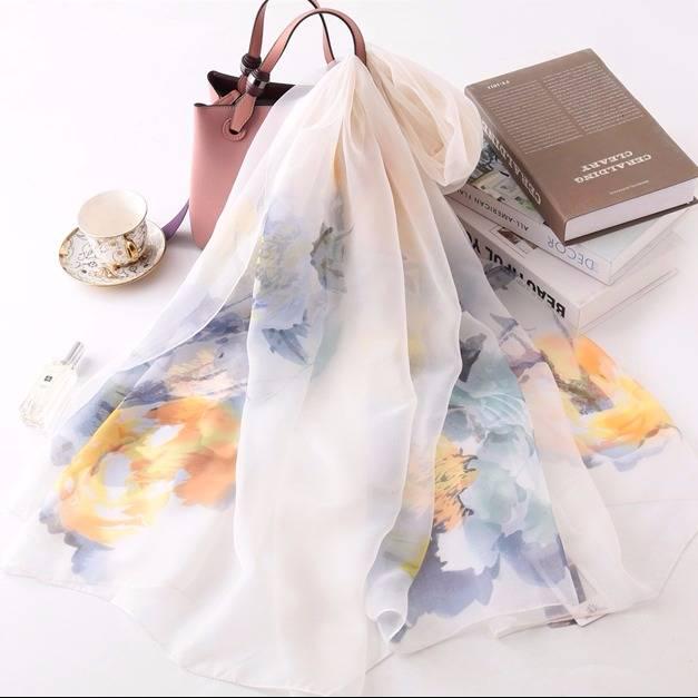 Scarf Female Flower Scarf Travel Sunscreen Shawl Imitation Silk and Wool Beach Wrap