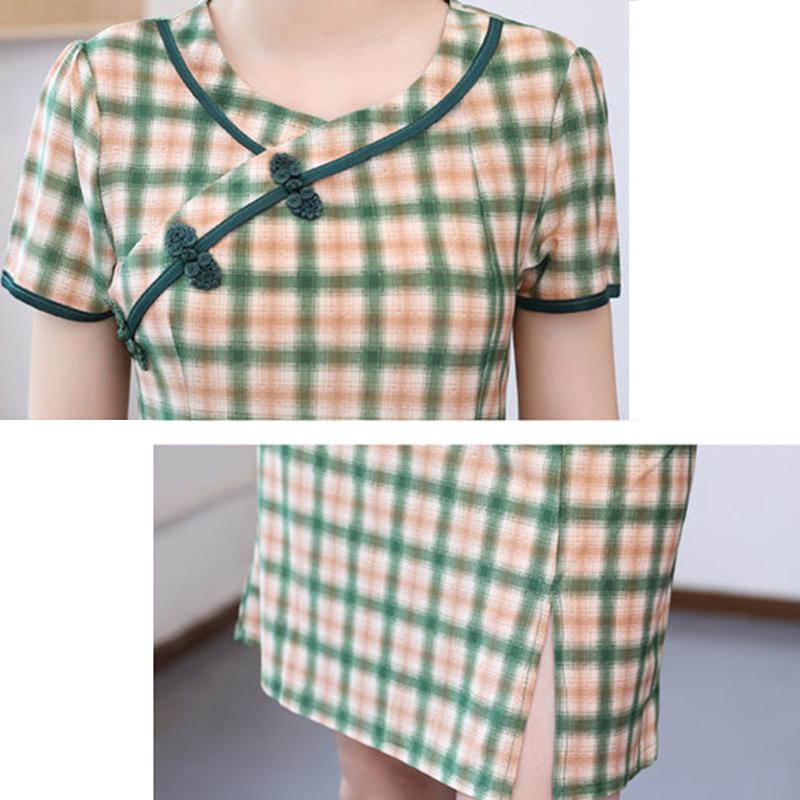 Improved Cheongsam Dress Mom Summer Short-sleeved Plaid Skirt Slim Slimming Retro Hip Skirt