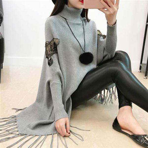 Turtleneck Fringed Sweater Women's Mid-length Korean Version of The Loose Large Size Cloak Coat Knit Bat Shirt