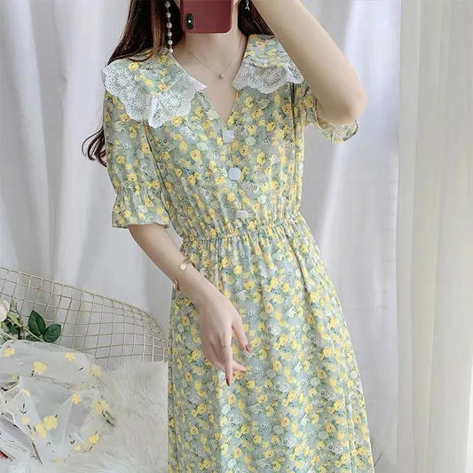 Women Summer Vintage High Waist Fairy Holiday Long Dress Elegant Slim Lace Peter Pan Collar Idyllic Floral Printed Dress