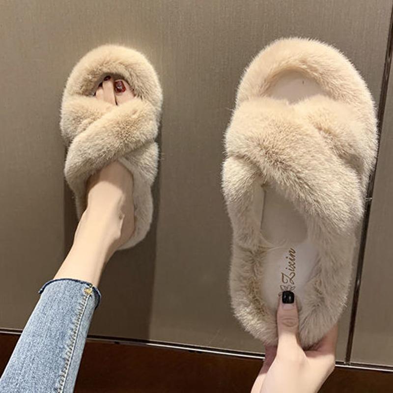 Hairy Slippers Women's Flat-bottom Non-slip Slip-on Slippers Outer Wear Thick-soled Cotton Slippers Home Warm Cotton Slippers