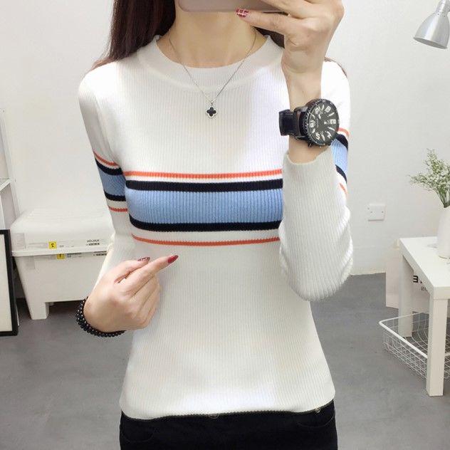 Women's autumn round neck sleeves fashion striped bottoming shirt long-sleeved sweater sweater