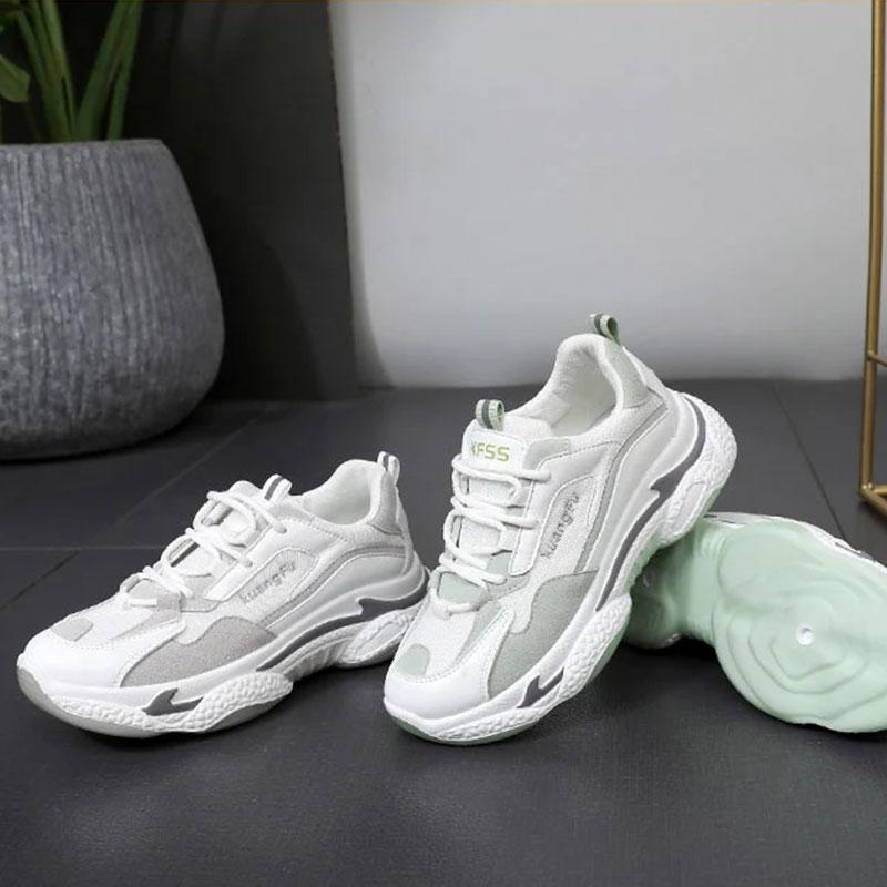 Leather Sports Shoes Breathable Net Shoes Spring and Autumn Female Students' Casual Board Shoes Thick Soles Large Soles Comfortable Shoes White Shoes