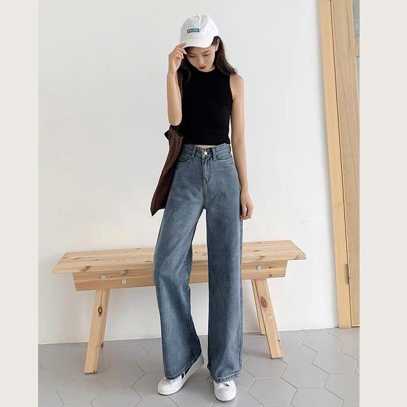 WTEMPO High Waist Women Jeans Loose Casual Great Elasticity Washed Denim Straight-leg Pants Super Long