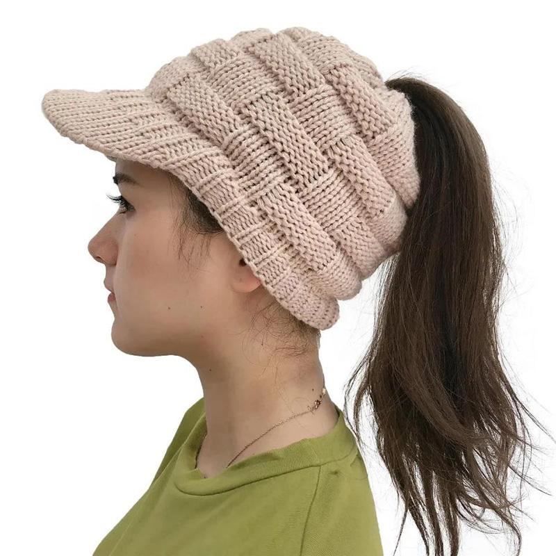 Women's Knitted Ponytail Hat Woolen Warm Cap Sports Outdoor Style Warm Baseball Cap All-match Outdoor Riding Hat Empty Peaked Knitting Cap with Brim