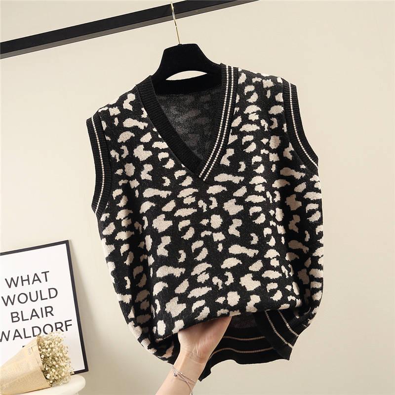 Leopard V-neck Sweater Vest Women's Loose Wild Pullover Knitted Sleeveless Sweater