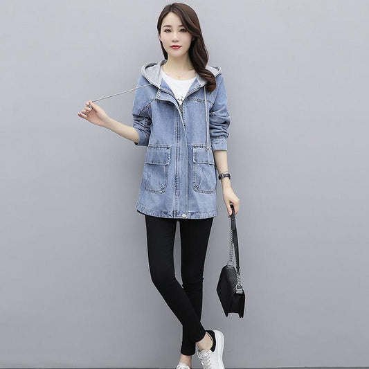 Hooded Denim Jacket Women's Mid-length Loose BF Wind Casual All-match Windbreaker Warm Long-sleeved Jacket