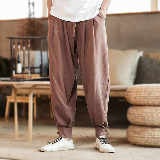 Chinese Style Tang Suit Trousers with Leggings, Men's Cotton and Linen Monk Trousers, Antique Linen Trousers