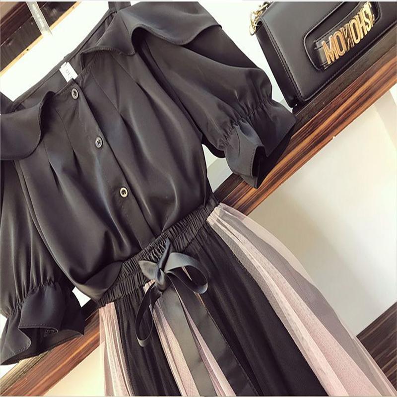 2-Pieces Ladies Suit Skirt Short Sleeve Mid-length One Shoulder Button Bow Casual Vacation Office Home