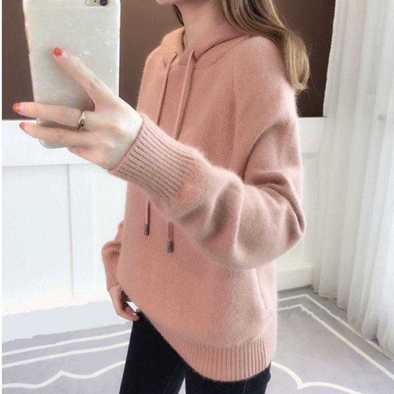 Spring and Autumn Hooded Jacket Loose Short Knitted Sweater Solid Color Long Sleeve Women's Top