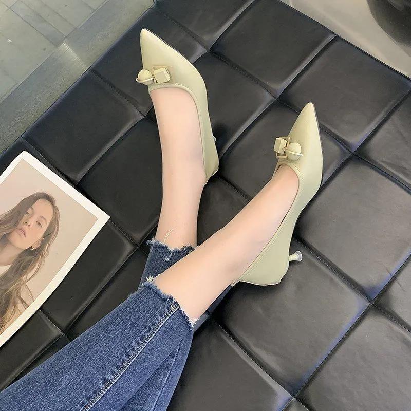 Genuine Leather High-heeled Stiletto All-match Work Women's Shoes Mid-heel Leather Shoes Pointed Toe Non-grinding Single Shoes