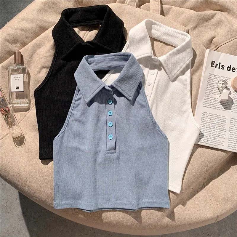 Polo Shirt Collar Halter Camisole Women Outerwear Summer Sexy Open Back Girl Slim Short Crop Top Solid Color Temperament Sleeveless Halter Vest Top