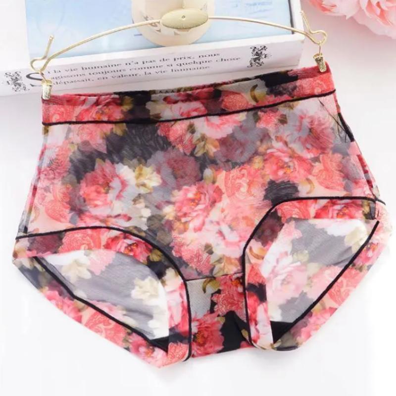 4 Pieces Women's Sexy Ultra-thin Panties Female Transparent Printing Mid-waist Large Size Underwear Mesh Breathable Briefs Shorts Spring and Summer