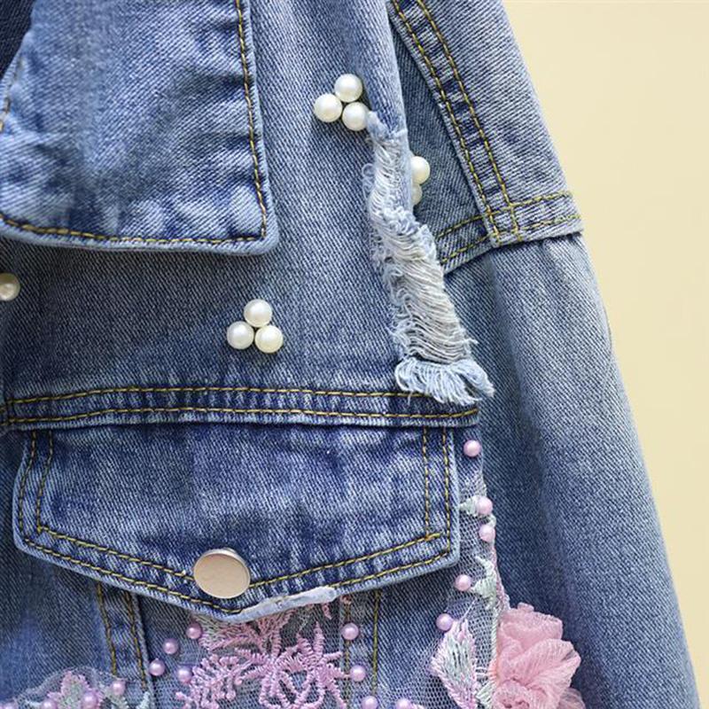 Spring and Autumn Heavy Industry Embroidery Three-dimensional Flower Hole Denim Short Jacket Women's Loose Long Sleeve Jacket Top