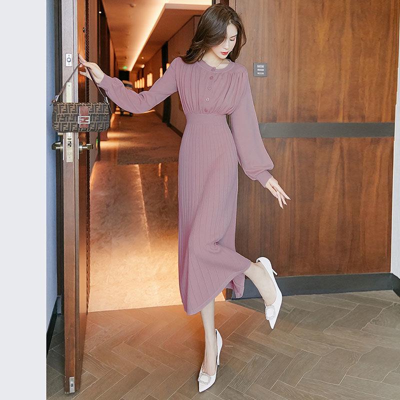 Winter Autumn Women's Long Slim Bottoming Skirt Lantern Sleeve Knit Sweater Dress