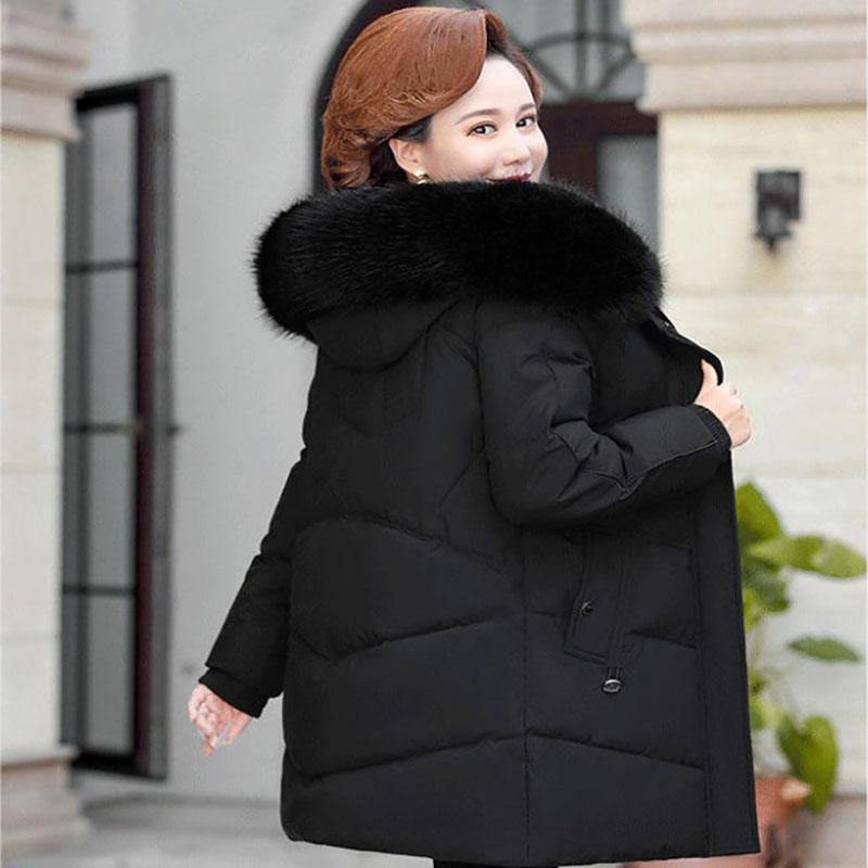 Winter Down Cotton Jacket Fashion Hooded Mid-length Jacket Thick Warm Cotton Jacket Suitable for Middle-aged Women